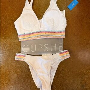New With Tags Cupshe Women’s Bikini - White with Multicolor Trim Size Medium